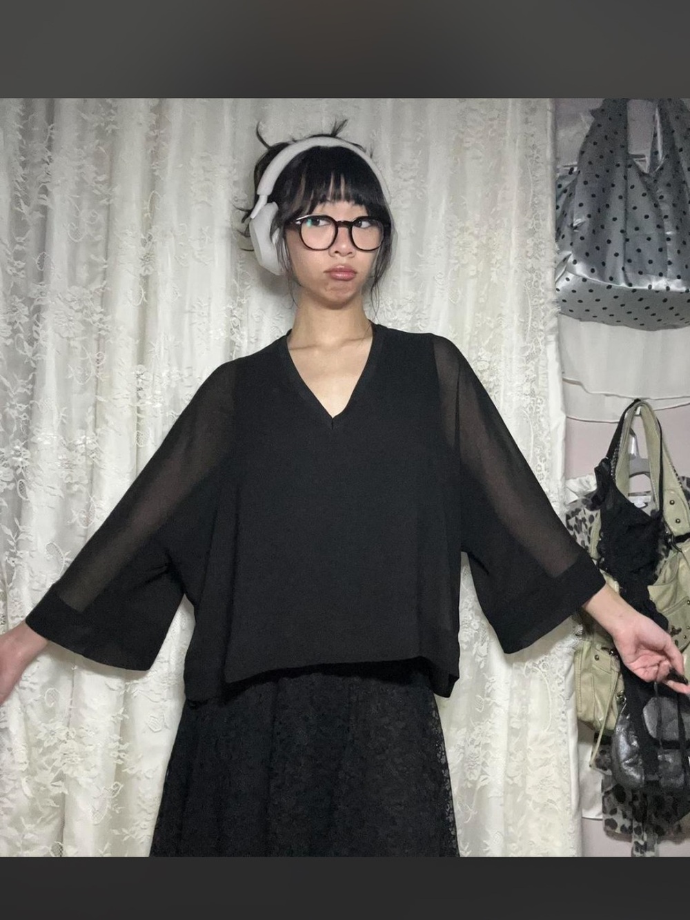 Zara Whimsigoth Black Blouse with Sheer Sleeves- size Small